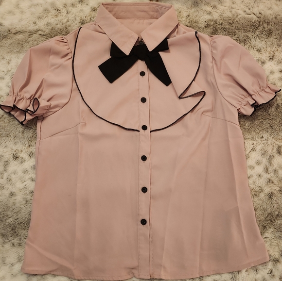 SHEIN Pale Pink with Black Contrast Binding Bow Front Puff Sleeve Size S - Picture 7 of 8